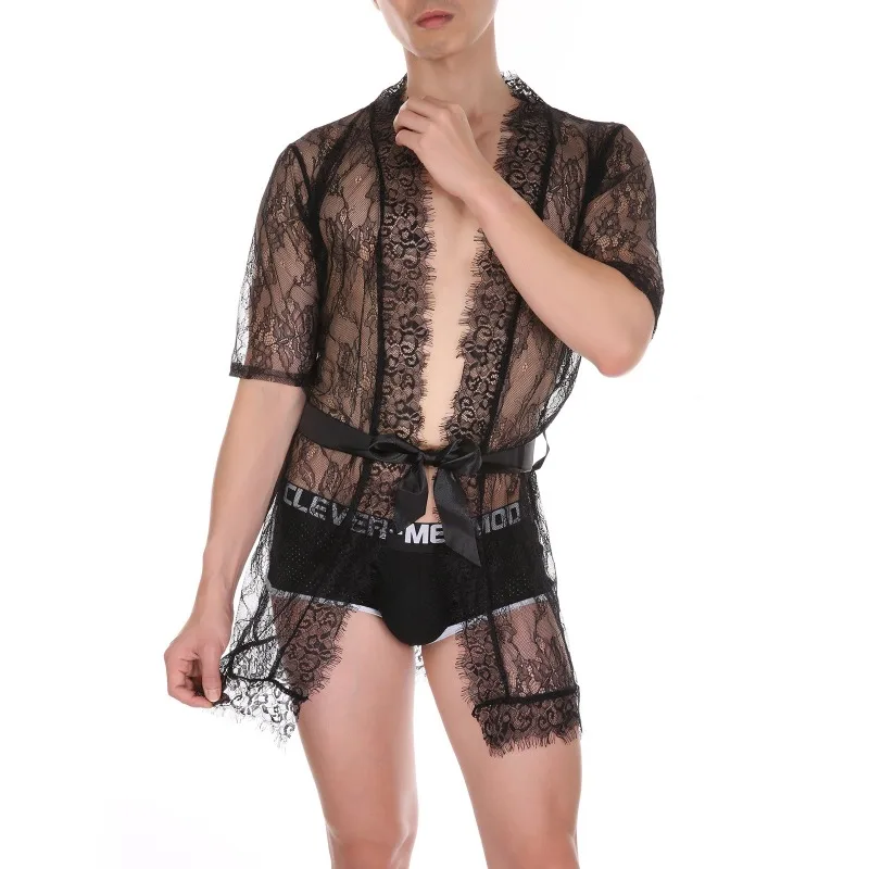 

Sissy Lingerie Pajamas Erotic Men's Sexy Lace Kimono Mesh See Through Short Nightgown Crossdress Gay Nightclub Sleepwear