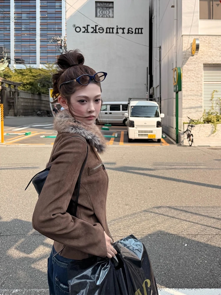 เสื้อแจ็คเก็ตวินเทจแต่งปกขนเสือดาวสำหรับผู้ชาย ผ้าหนังกลับบุขนแกะ ทรงยูทิลิตี้ ตัดสั้น กระชับหุ่น ซิป แจ็คเก็ตลำลอง เสื้อคลุมกันหนาว