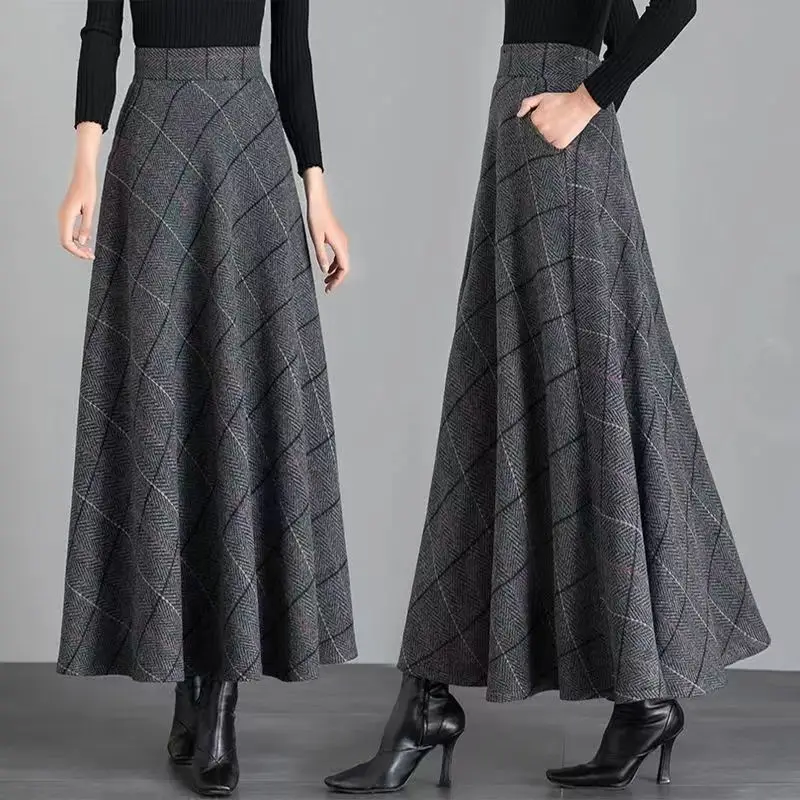 

Women Autumn Winter Fashion Patchwork Woolen Cloth High Waist Appear Thin Skirt Women Clothes Simplicity All-match A-line Skirt