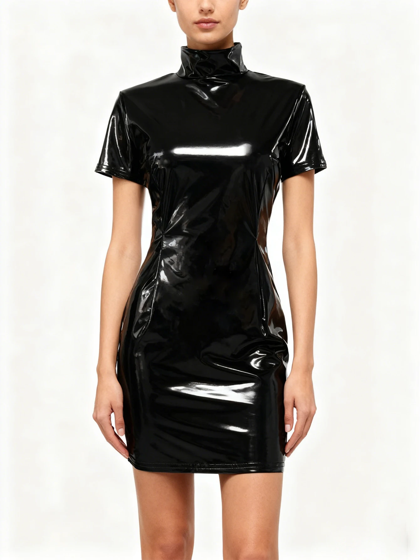 Women Summer Short Sleeve Bodycon Stretch Faux Leather Slim Dress Shiny PU Leather Mini Dress Black PU Clubwear New Custom