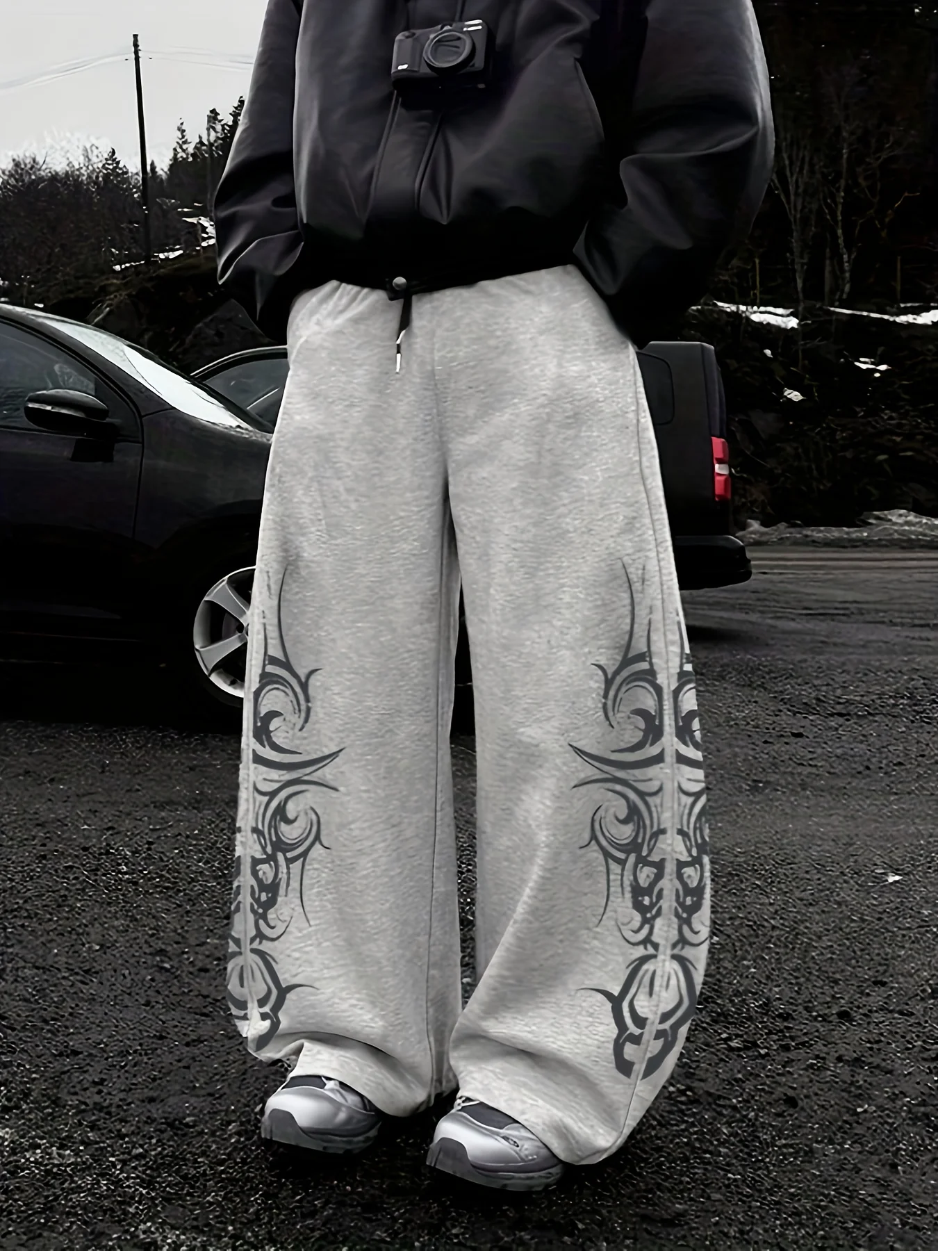 

Men's fleece printed straight-leg pants, loose fit, comfortable fabric, street style, autumn and winter outdoor wear