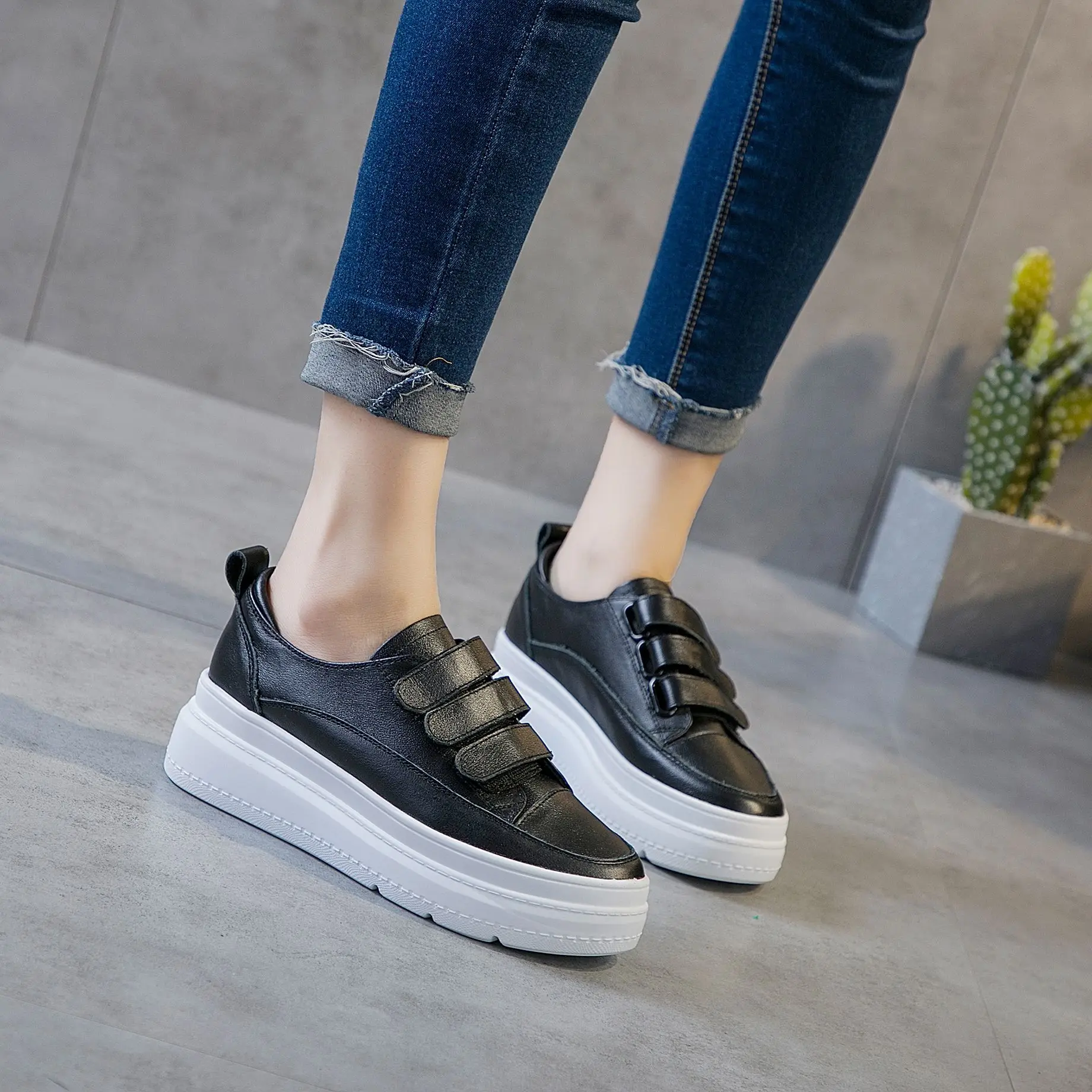 Fujin 8cm Hook Loop Women Sneakers Platform Genuine Leather White Classical Slip on Spring Autumn Wedge Heel Shoes Vulcanzied