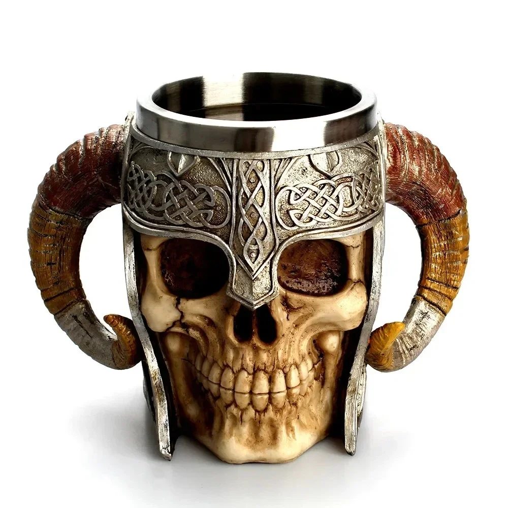 UPORS Viking Skull Mug 304 Stainless Steel Ram's Horn Lord Warrior Mugs Skull Valhalla Mug Beer Tankard Wine Tea Coffee Cup