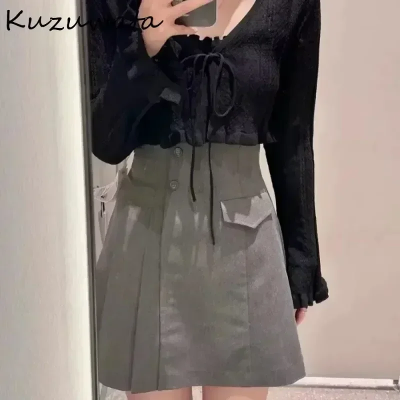 Kuzuwata dulce Falda fruncida de cintura alta que combina con todo A-line asimétrico con cremallera Casual Mujer Falda Japón nueva Moda Slim Fit Mujer Faldas