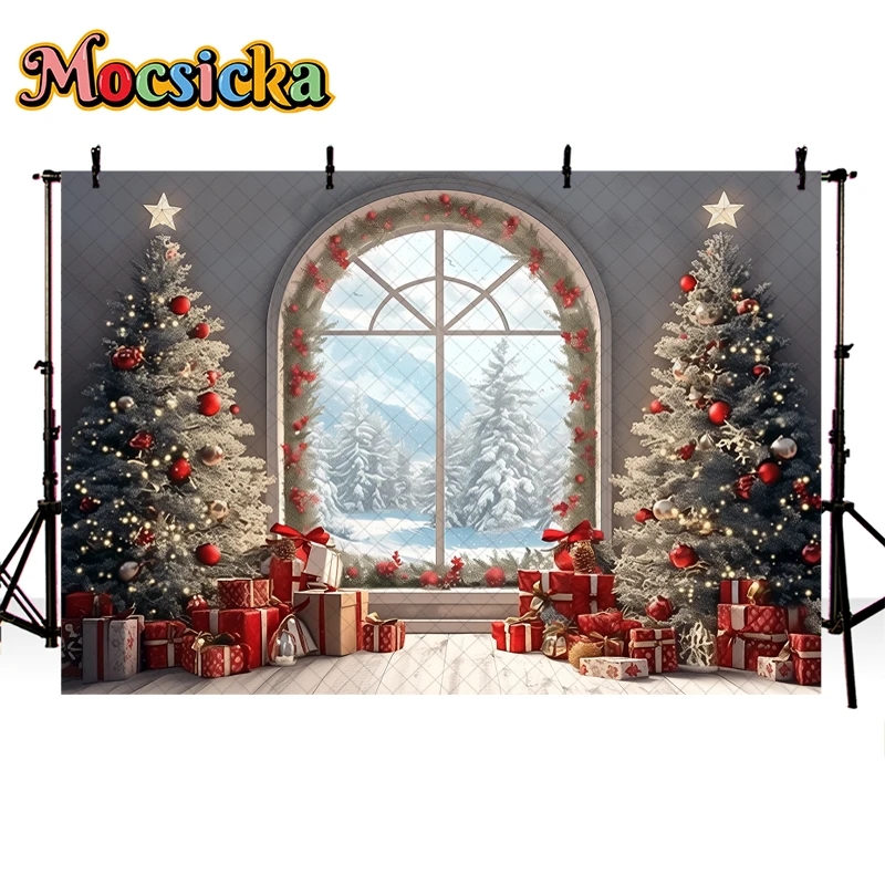 Mocsicka Winter Christmas Indoor Window Backdrop Kids Adult Photography Props Xmas Tree Gift Box Decor Photo Background Studio