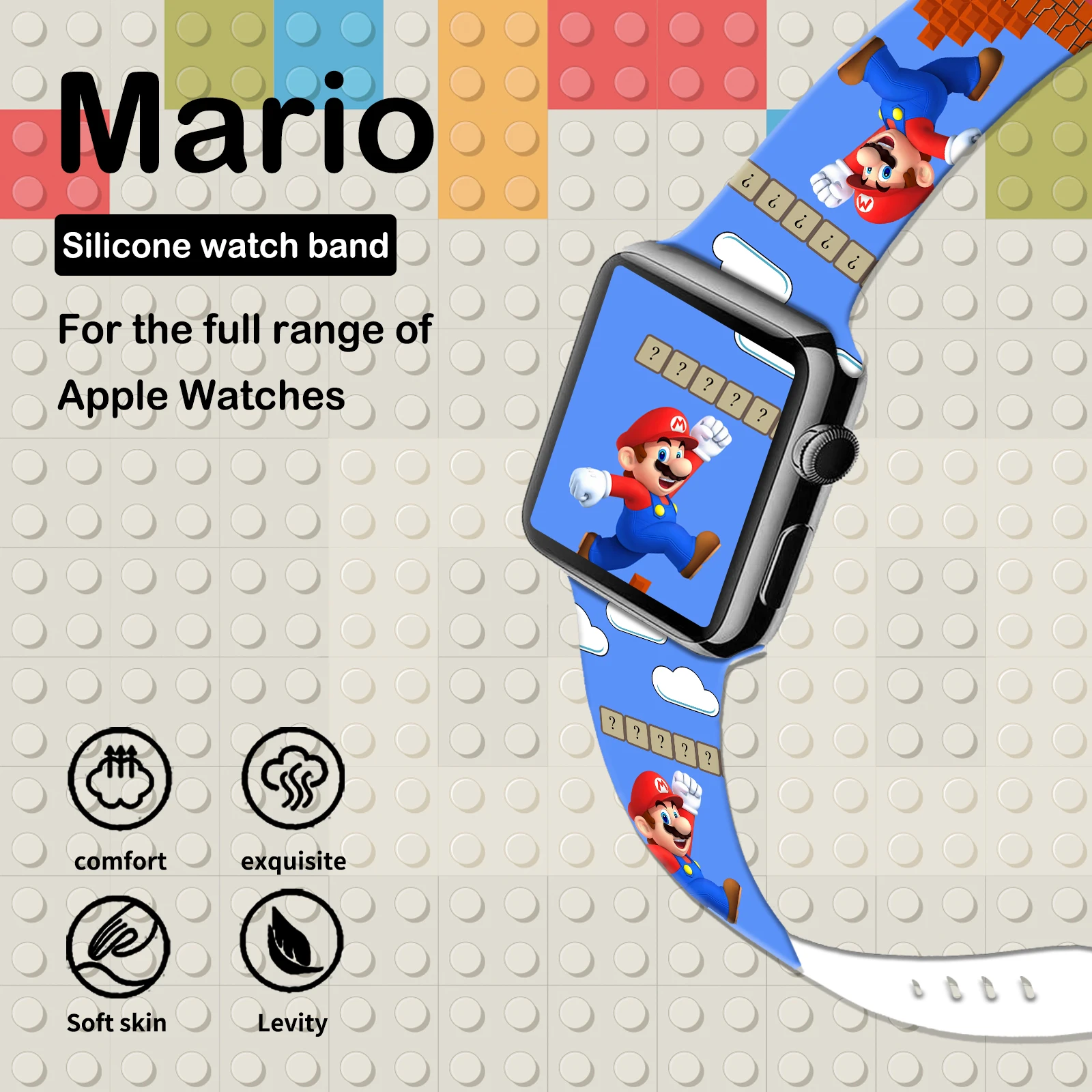 MINISO Mario 3 Printed Strap for Apple Watch 10 9 8 7 6 Silicone Band Replaceable Bracelet for iWatch 46mm 45mm 44mm 42mm 41mm