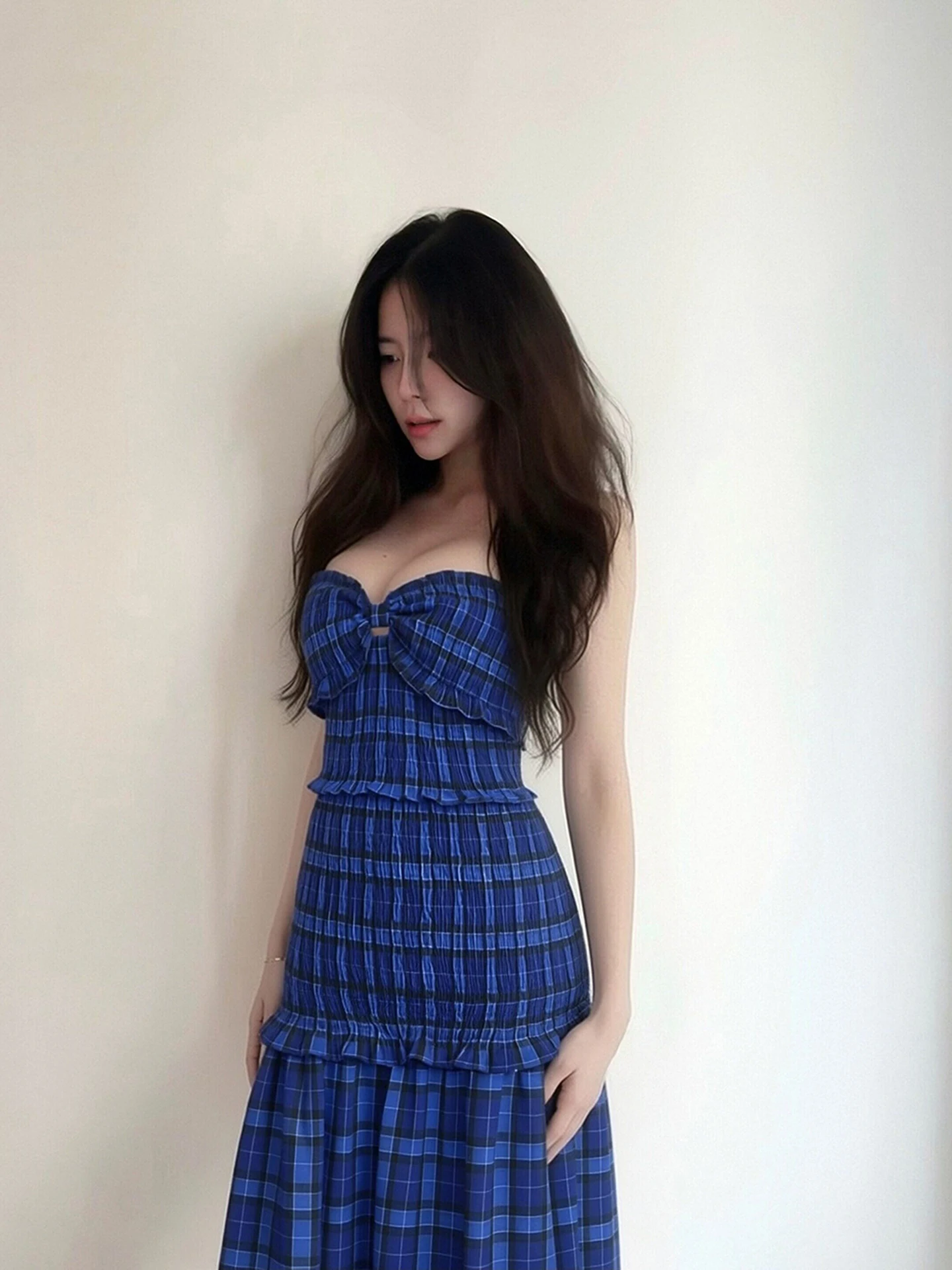 

Blue Plaid Long Skirt Korean Style Allure Fashion High Waist Slim Fit Spring New Women's Dress Casual Party Date Gown