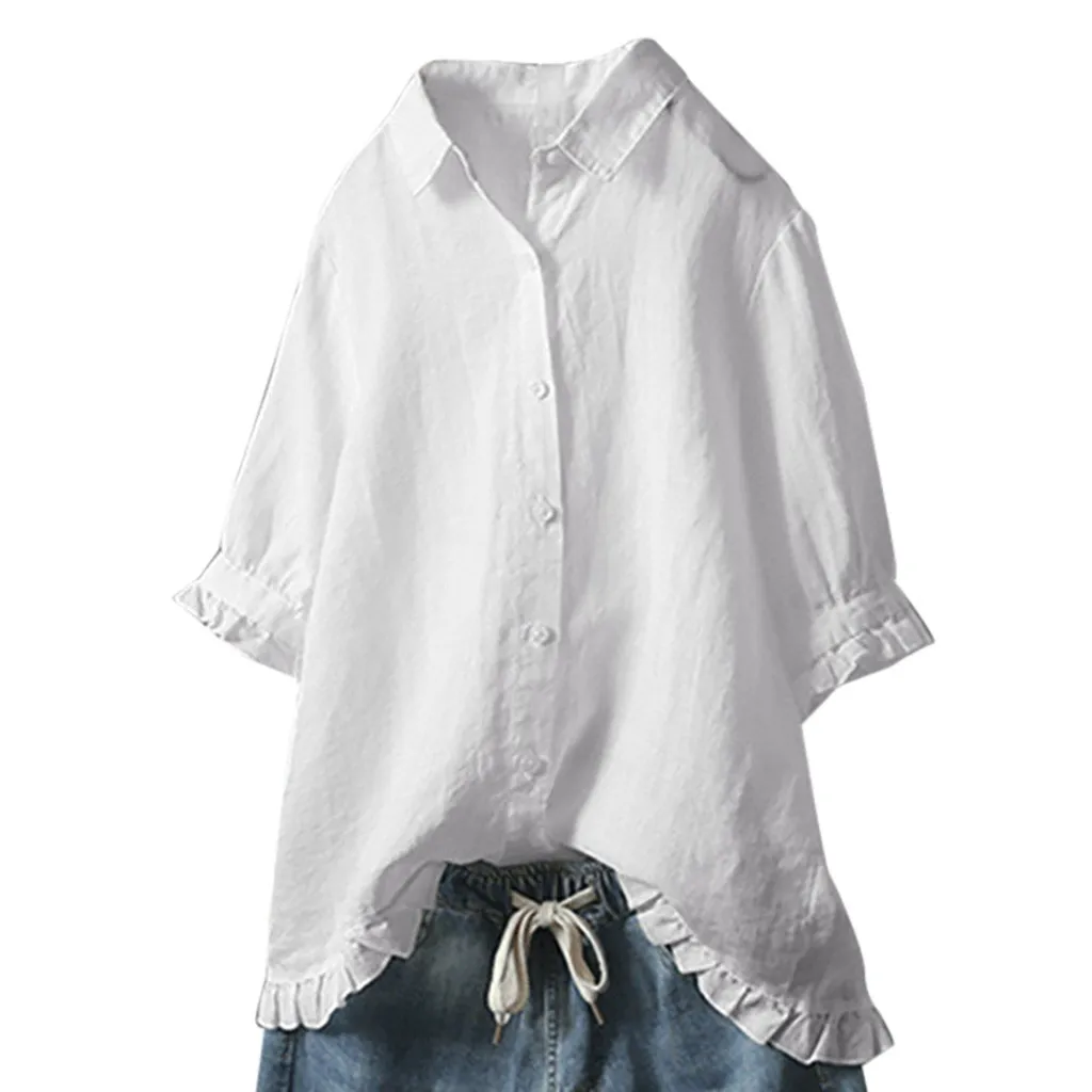 Women\'s Cotton And Linen shirt Solid Color lapel Button Up Shirt Upper Hem Short Sleeve Loose and casual Top Autumn Streetwear