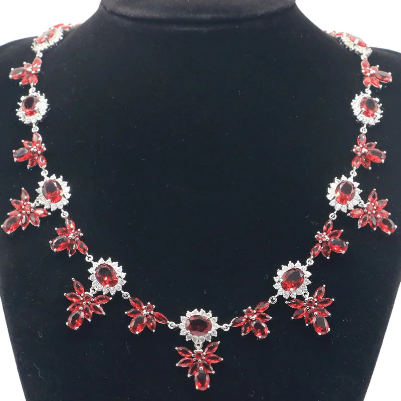 28x16mm Gorgeous Big Heavy 50.1g Red Blood Ruby White CZ Ladies Dating Silver Necklace 18-19inch