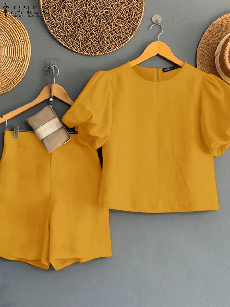 

ZANZEA 2PCS Summer Short Sets Women Short Puff Sleeve Tops Shorts Suits Casual Solid Work Outfits Elegant Woman Tracksuits 2025