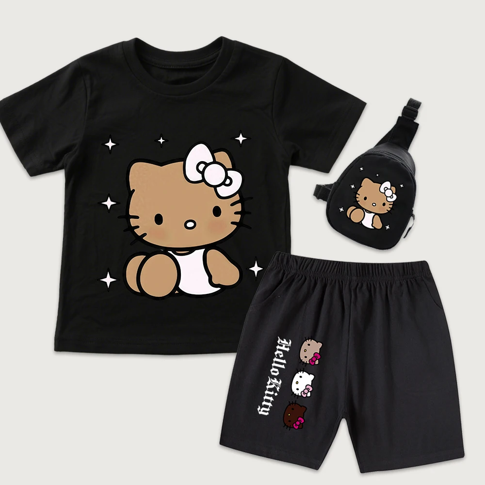 

Детский летний комплект с блестящим звездным принтом Hello Kitty: хлопковая футболка, шорты, мини-сумка на грудь, 3 предмета, для мальчиков и девочек, повседневная одежда