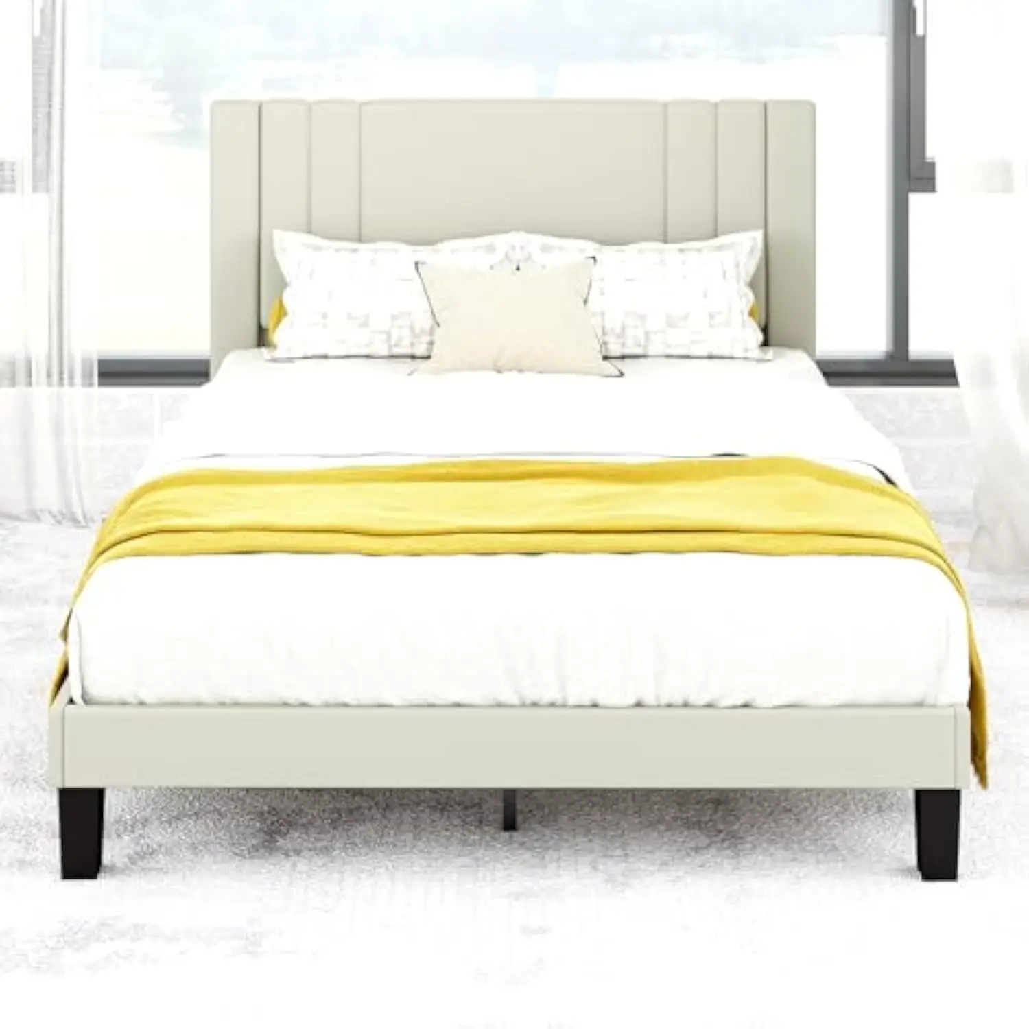 

Queen Size Bed Frame, Velvet Upholstered Platform with Headboard, Beige(Beige, Queen (U.S. Standard))