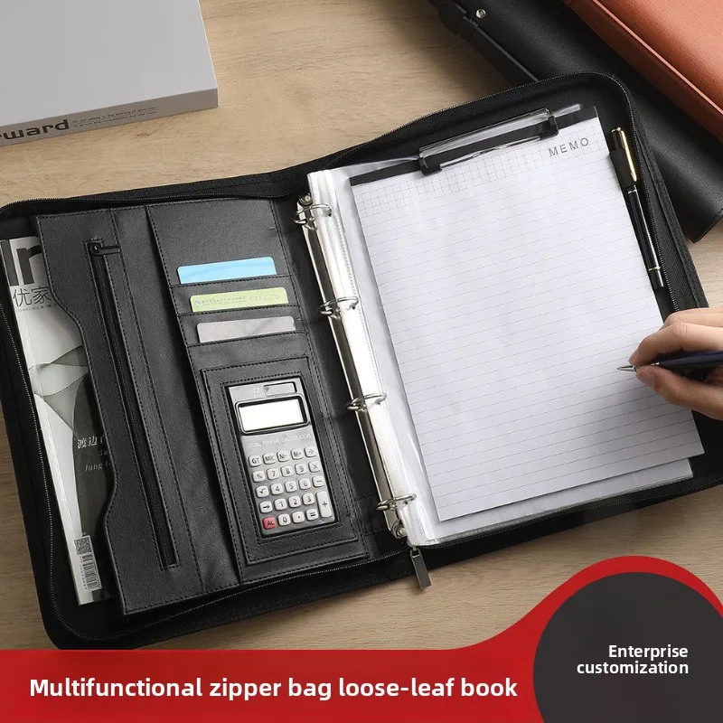 cartella-portadocumenti-in-pelle-sintetica-a4-con-chiusura-a-zip-portadocumenti-professionale-con-fogli-intercambiabili-e-calcolatrice-a-12-cifre-doppio-scomparto-e-clip-in-metallo