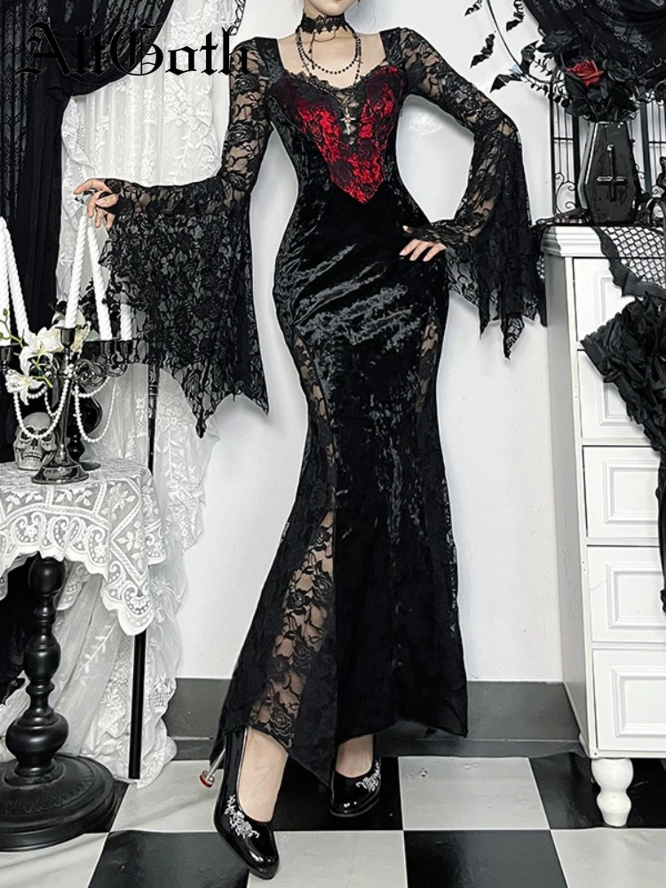 

AltGoth Halloween Gothic Party Dress Women Aesthetic Fairycore Grunge Vintage Y2k Lace Patchwork Flare Sleeve High Waist Dress