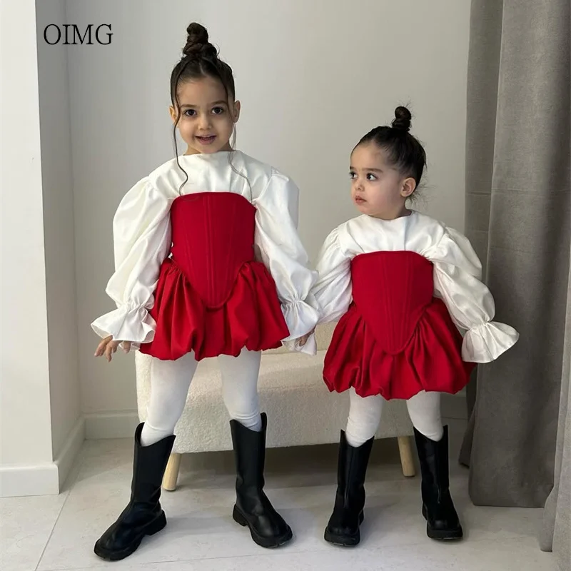 OIMG Adorable Ivory/Red Ball Flower Girl Dresses Full Sleeve Wedding Party Dress Mini Birthday Dress vestidos de niña Customized