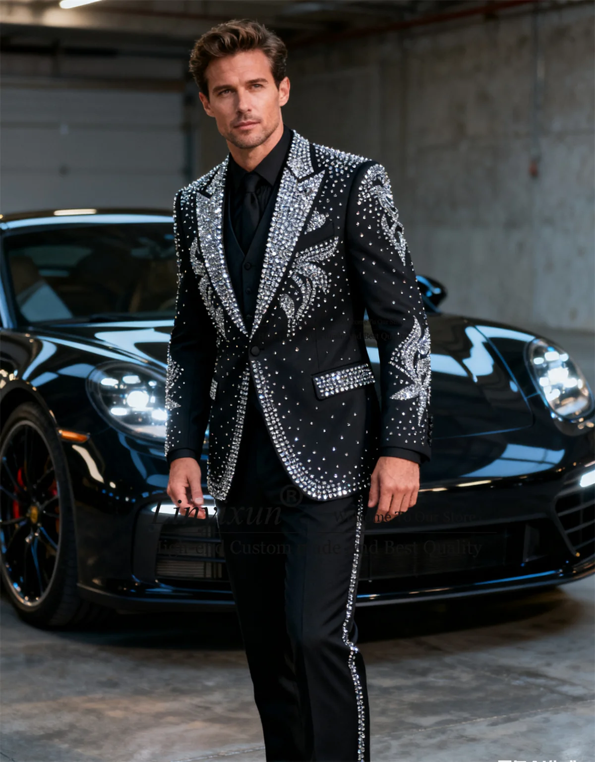 

Мужские костюмы с блестками и бриллиантами и стразами, красивый пиджак для свадебной вечеринки, комплект из 3 предметов по индивидуальному заказу, смокинги для жениха, костюм Homme