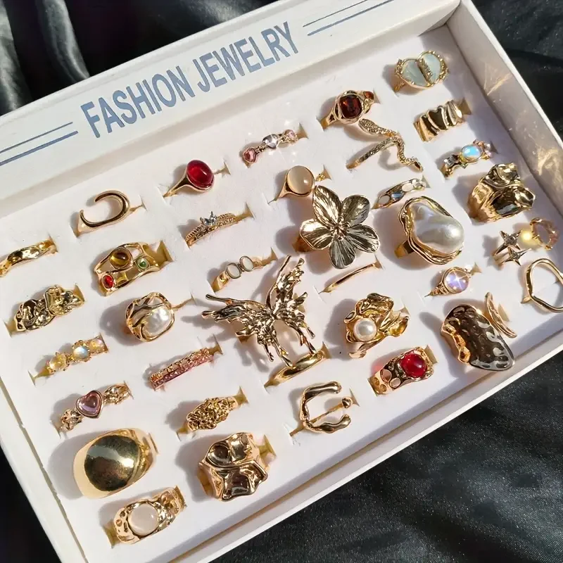 Conjunto de anillos abiertos con flor de perla de imitación para mujer, joyería para dedo con diamantes de imitación coloridos, estilo mixto, 10/20/30 piezas