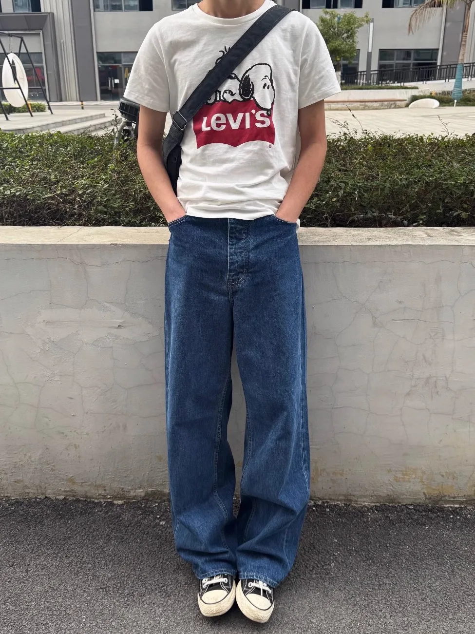 Retro American Vintage Men's Jeans Loose Drapey Straight Leg Wide Leg Deep Blue Versatile Casual Long Trousers Trendy