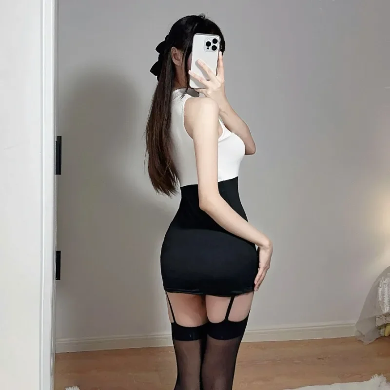 White Sexy Lingerie Cosplay Office Lady Micro MINI Dress Women Stewardess Outfit Secretary Open Chest Dresses Costume