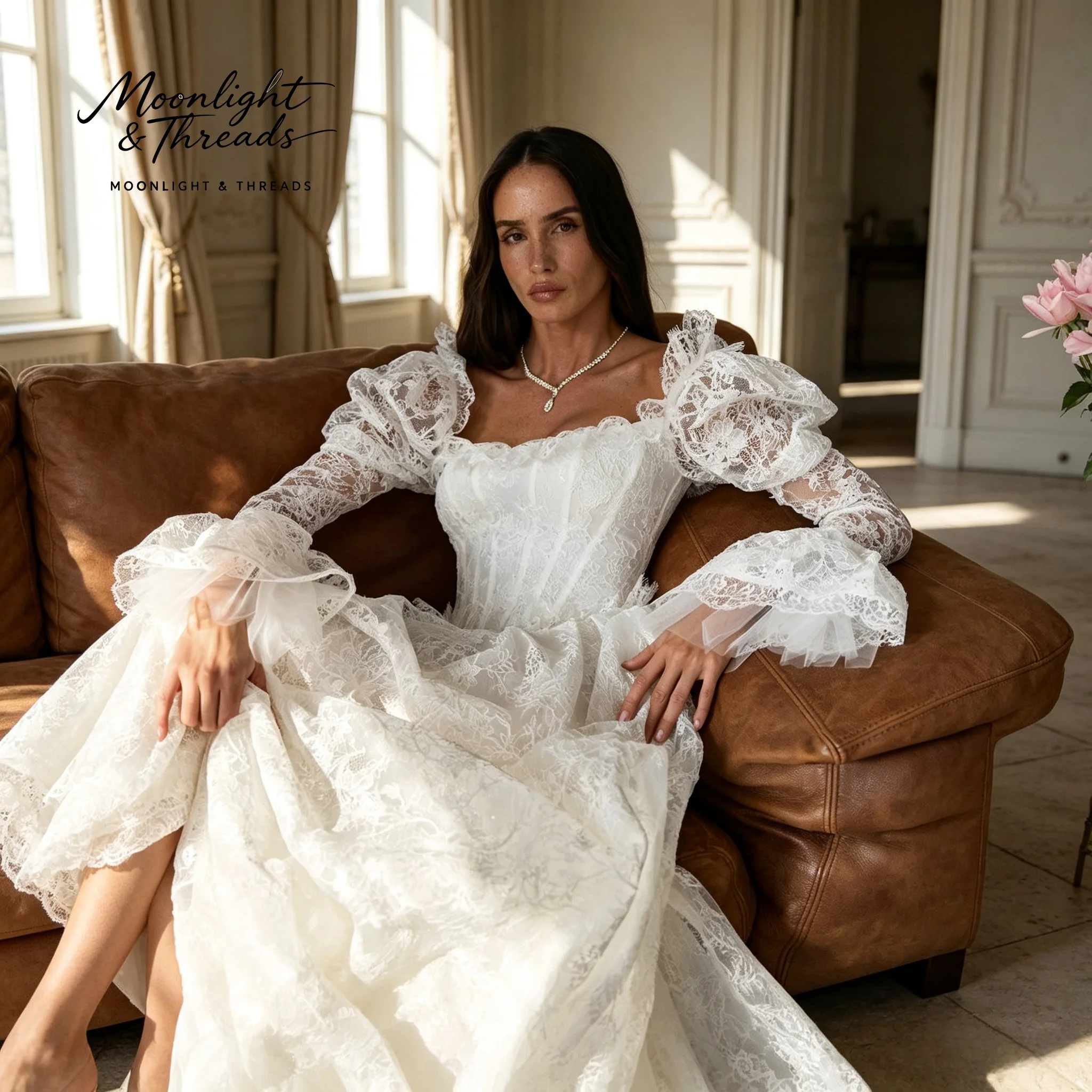 Ivory-White Plunging Sleeveless Fish-Tail Floor-Length Formal Wedding Dress with Sequin and Lace Design view 2