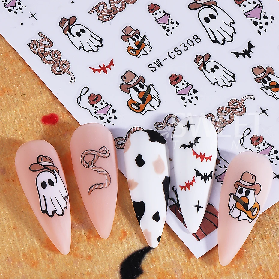 3 pçs halloween aranha web adesivos de unhas 3d auto adesivo dos desenhos animados fantasma aranha morcego abóbora decalques de unhas diy manicure decoração