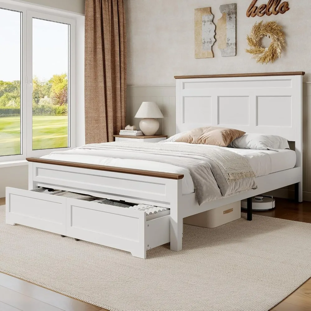 

Large bed frame with 51.2 high headboard and footrest, wooden platform bed frame, equipped with large storage drawers