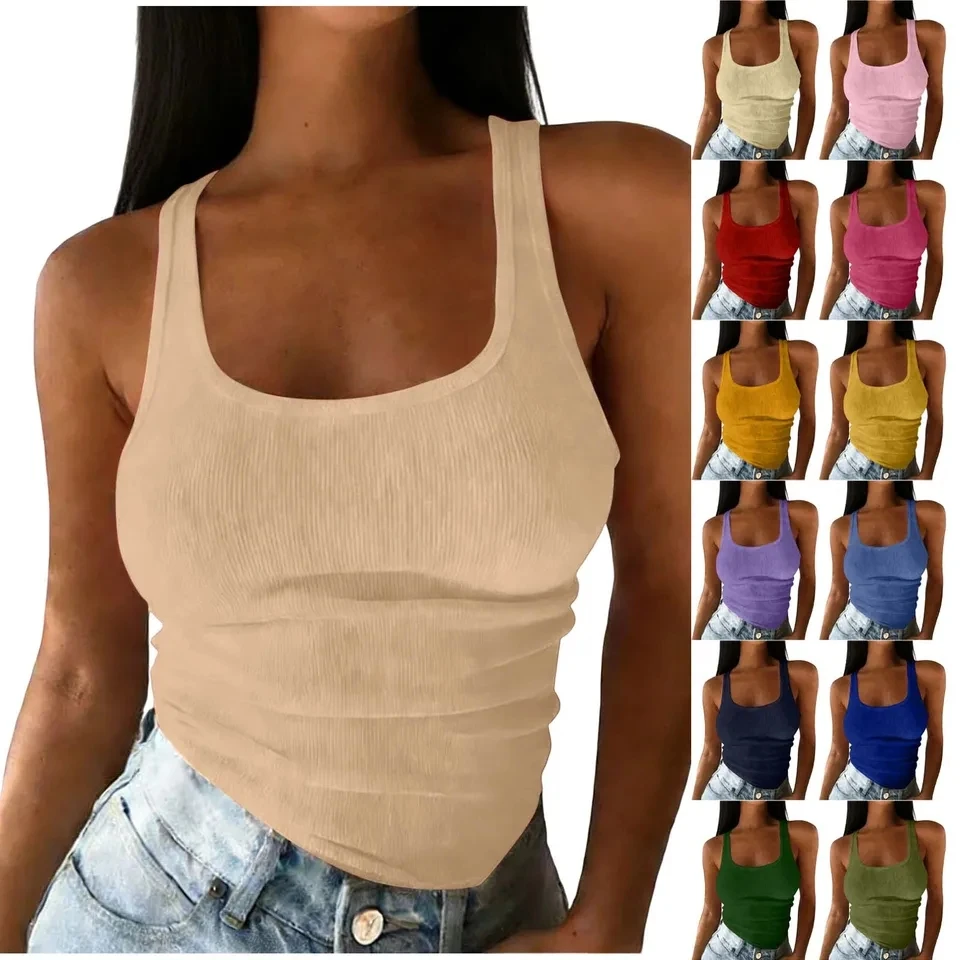 Women Summer Ribbed Knit Vest Stretch Tanks And Camis Solid Color Square Neck Sleeveless Tank Tops Lady Basic Camisole
