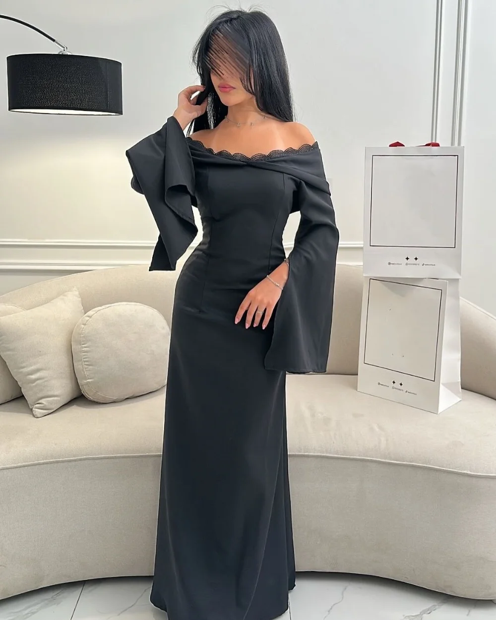 

Customized Exquisite Elegant Jersey Pleat Lace Ruched Straight Off-the-shoulder Long Dresses Bespoke Occasion Dresses Fashion