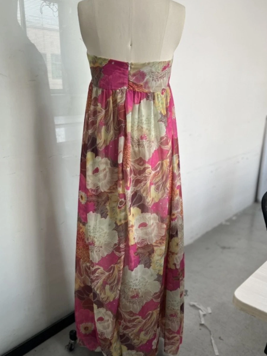 TWOTWINSTYLE Sukienki damskie z kwiatowym nadrukiem świątecznym, bez ramiączek, bez rękawów, z wysokim stanem, francuski temperament, długa sukienka damska, nowość