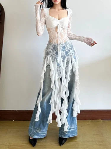 Camiseta con cuello cuadrado y cinta de retales de encaje para mujer, Tops sexis de manga larga de malla Y2K, camisetas coreanas elegantes ajustadas irregulares para vacaciones