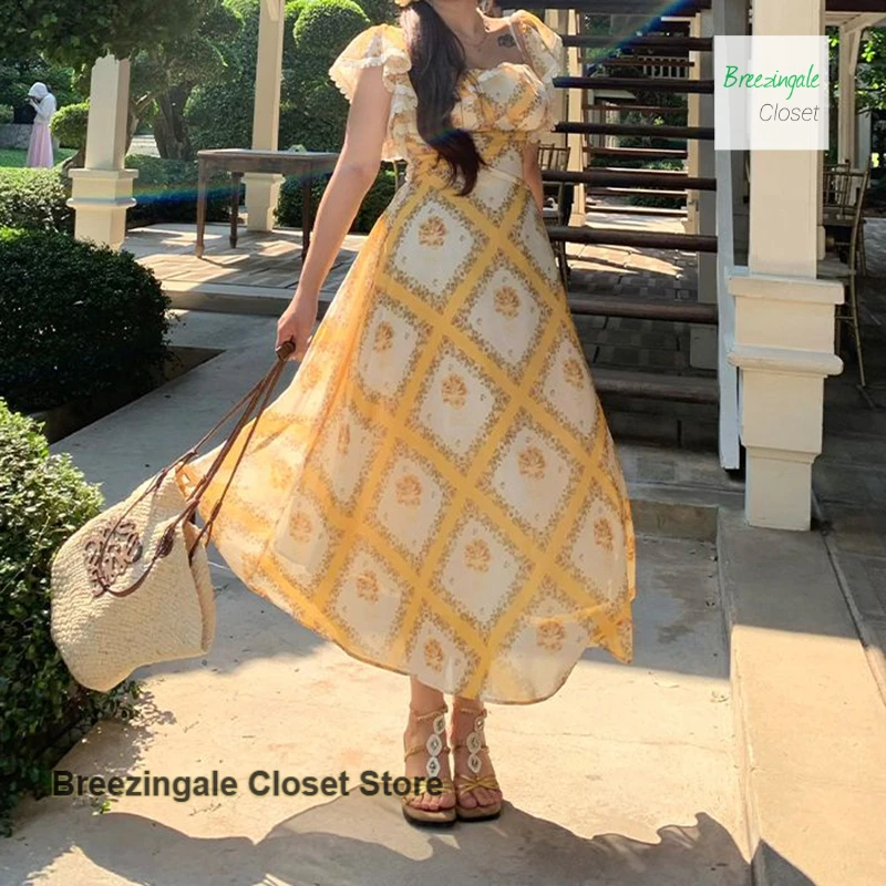 

French orange diamond stripe romantic floral flying sleeve chiffon skirt women's summer new plus size dress with suspenders.