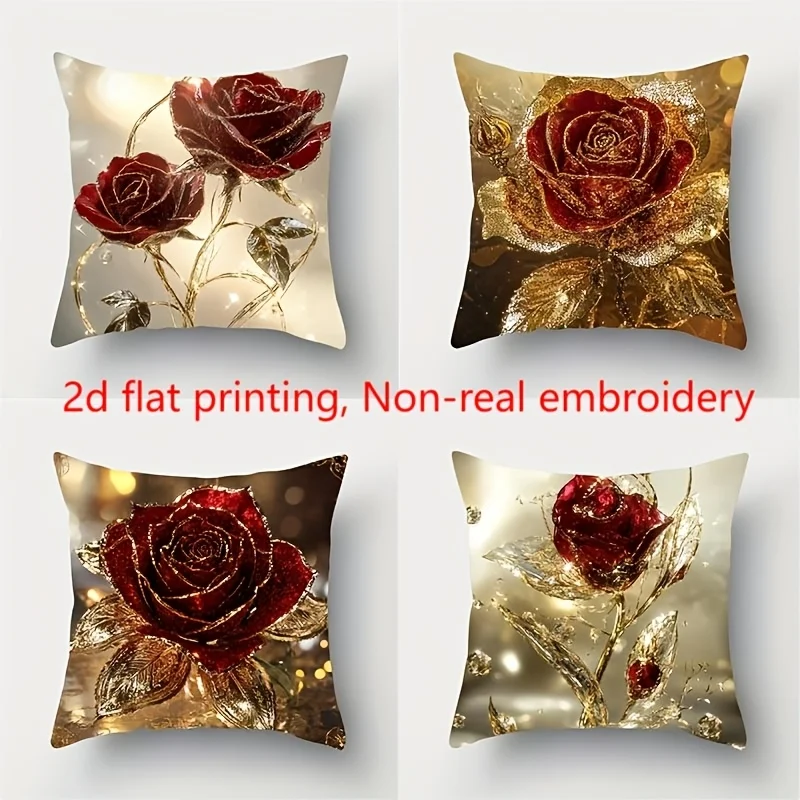 4pcs New Glass Texture Rose Pillow Covers Comfortable Fashionable Zipper Cushion Cases for Sofa Bedroom Home Decor Insert