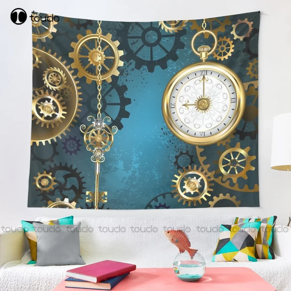 Turquoise Background With Gears ( Steampunk ) Tapestry Wall Size Tapestry Blanket Tapestry Bedroom Bedspread Decoration
