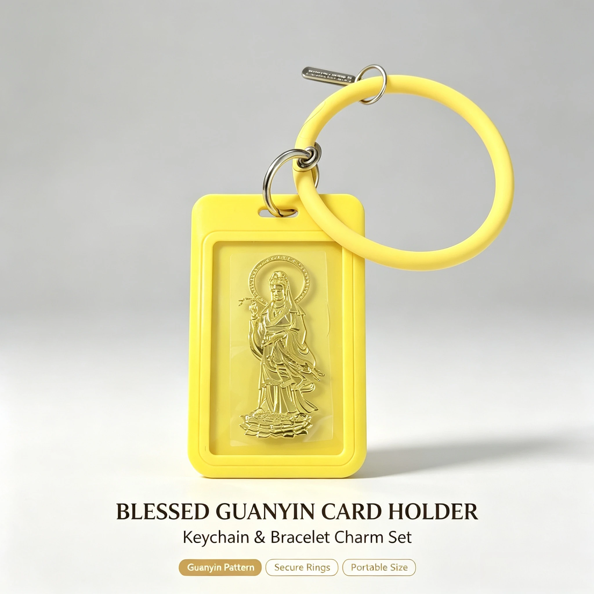Yellow Rubber Bracelet Buddha Pattern Metal Phone Sticker with Leather Lanyard Anti-lost Lucky Card Holder