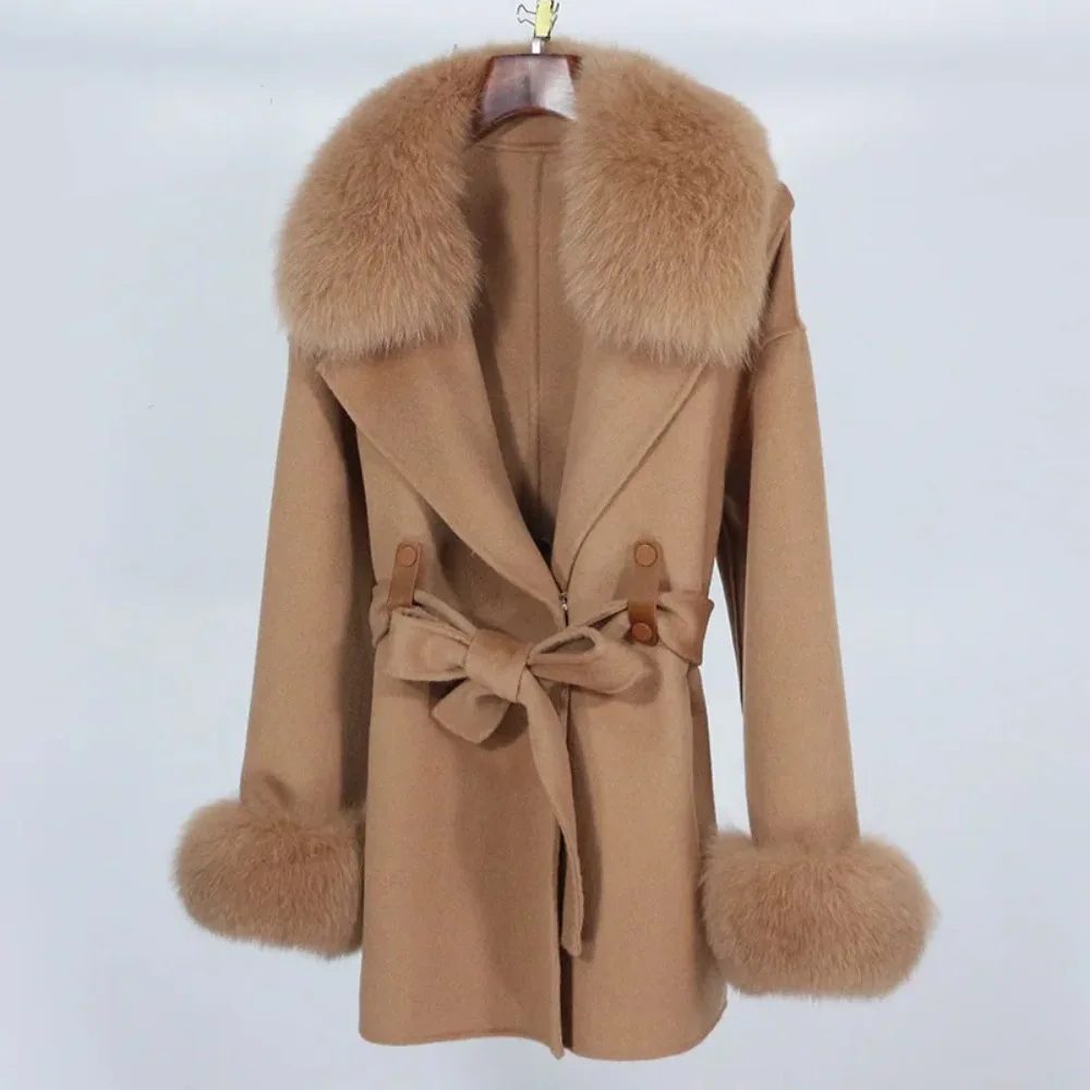 OFTBUY معطف الفرو الحقيقي 2024 الخريف الشتاء نمط فضفاض عادية جديدة الفراء سترة للإزالة الثعلب الفراء طوق معطف من قماش الكشمير المرأة معطف الصوف