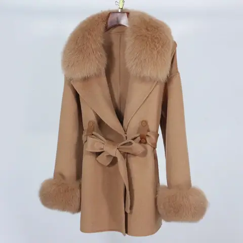 OFTBUY Real Fur Coat 2024 Autumn Winter Style Loose Casual New Fur Jacket Removable Fox Fur Collar Cashmere Coat Women Wool Coat