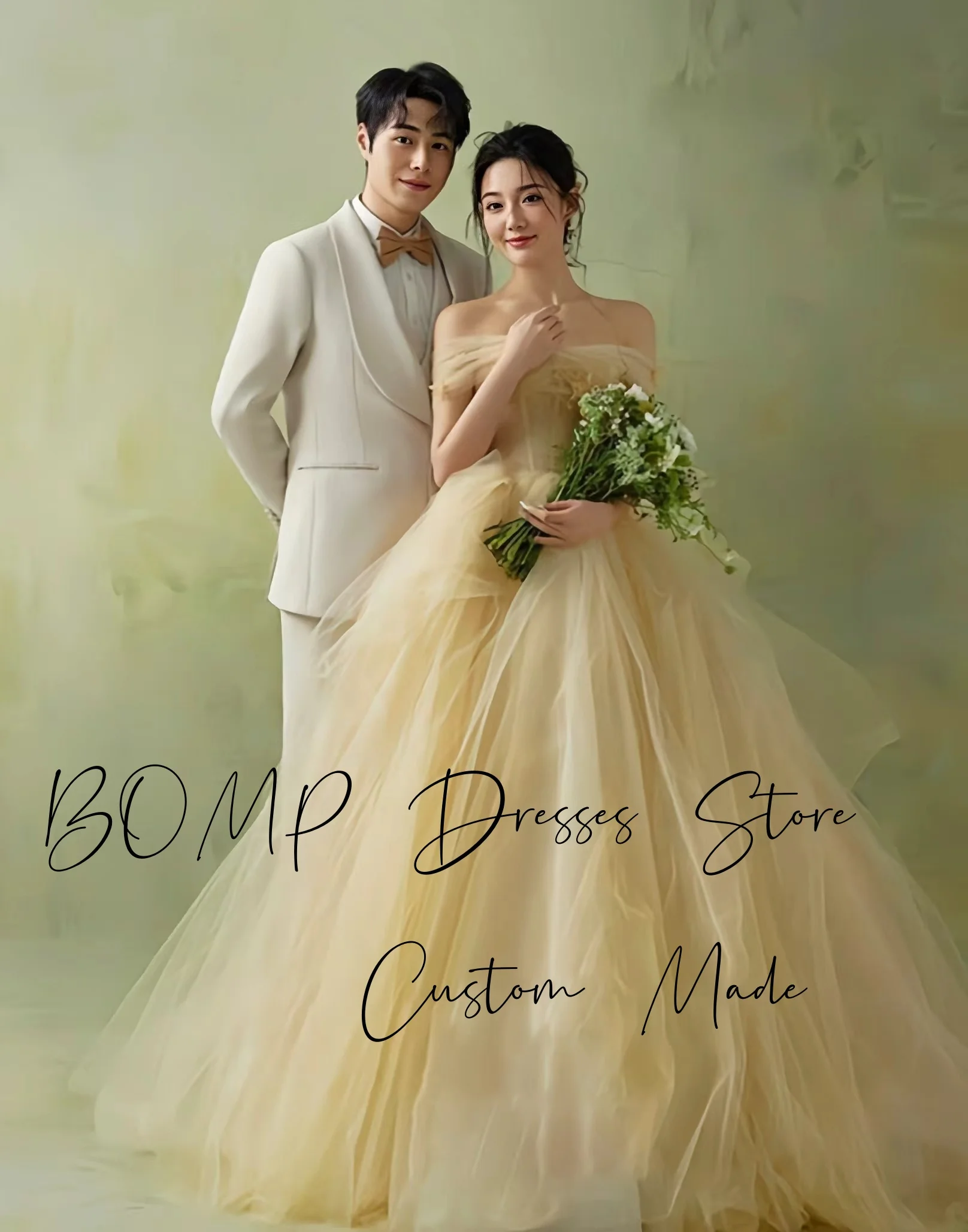 BOMP 공주 노란색 웨딩 드레스 오프 숄더 플리츠 a 라인 바닥 길이 Tulle 한국 사진 촬영 신부 가운 맞춤형 클래식