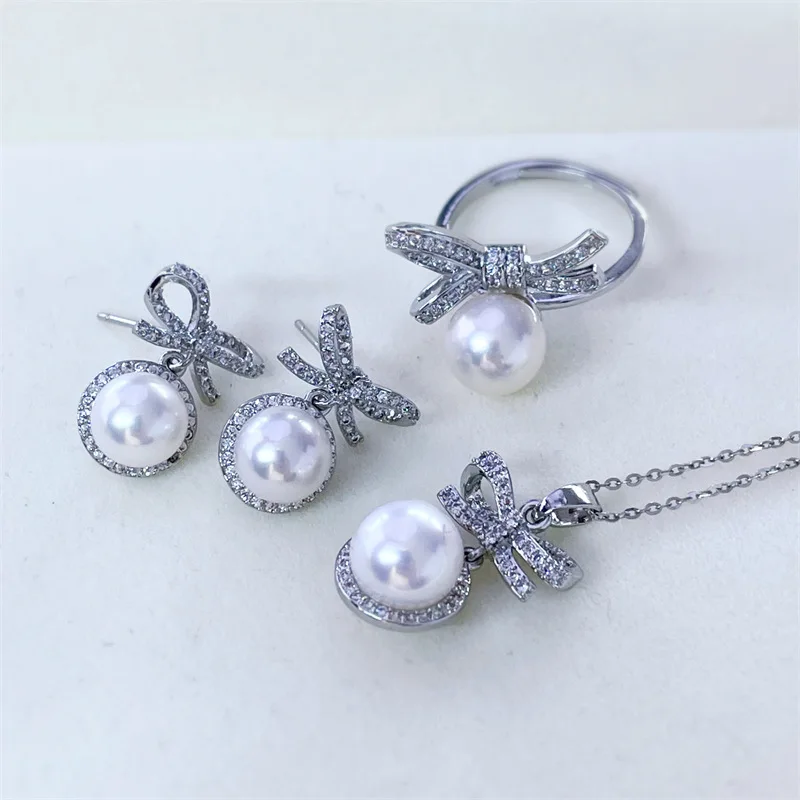 hot AAA+++ 7-8mm 8-9mm 9-10mm  Gorgeous KOYA White ROUND pearl earring pendant ring 《 white silver  》《yellow silver 》925s