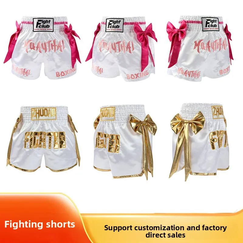 Muay Thai Shorts Bow Men's Women's Premium Kickboxing Match Shorts Elastic Belt Performance Boxing Training Pants White