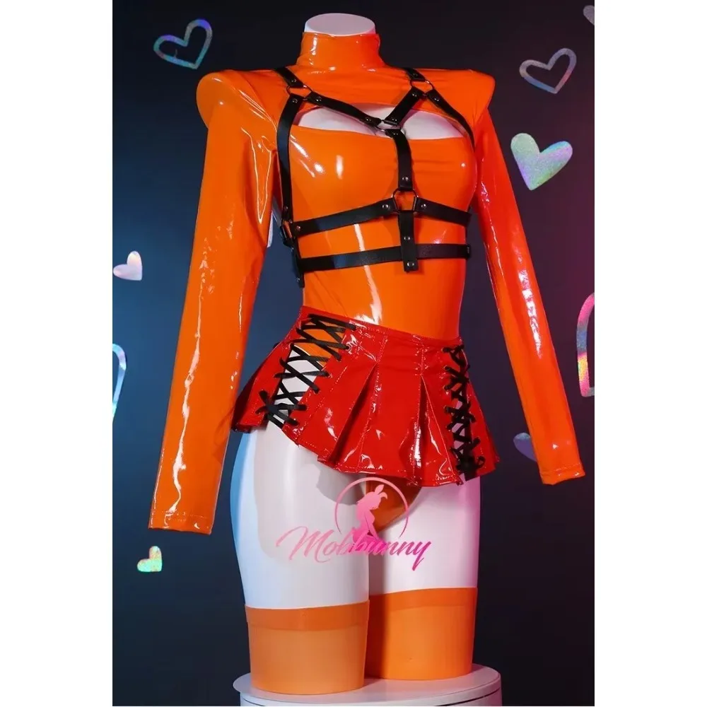 Mobbunny Women Velma Derivative Sexy Lingerie Orange Chest Open Bodysuit and Lace-up Mini Skirt with Socks Cosplay Costume