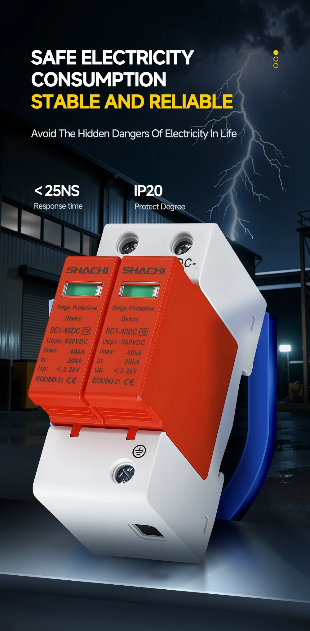 2P DC Überspannungsschutzgerät 20KA 40KA Solar-PV-Photovoltaik-Blitzableiter 500V 600V 800V 1000V Spannungsschutz – Detail 3