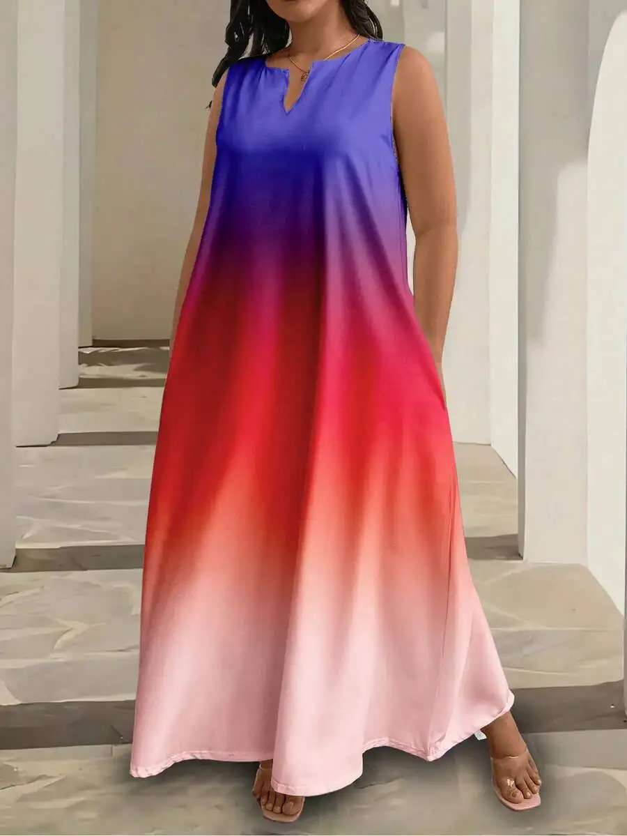 Maweii Plus Size White Base Hot Pink Abstract Line Art Print Notched V Neck Sleeveless Loose A-Line Maxi Dress With Side