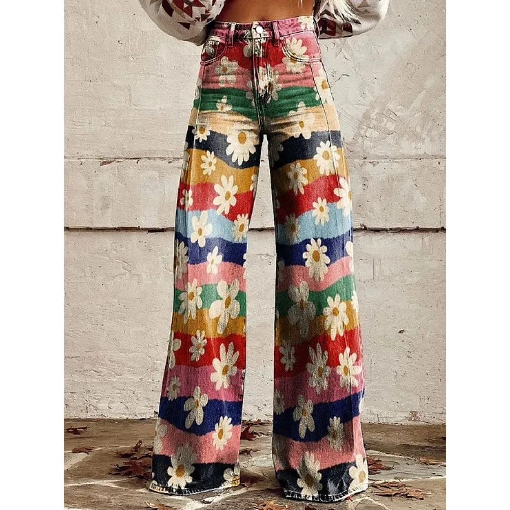 Retro Boho Floral Aztec Patchwork Printed High Waist Wide Leg Pants for Women Fashion Casual & Party Palazzo Pants Daily Wear