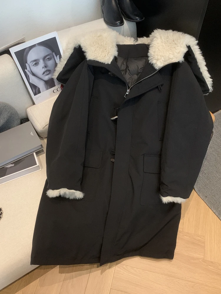 

Cotton Padded Jacket New Warm Long Parkas Outerwear 2025 Fashion Lamb Wool Splicing Women Winter Coat Korean Style Horn Button