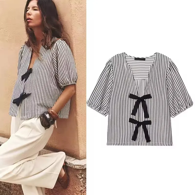 

MSNOLOA Women's V-neck Striped Shirt Summer Short Sleeved Women's Tie Shirt Casual Elastic Cuffs Women's Shirt and Shirt