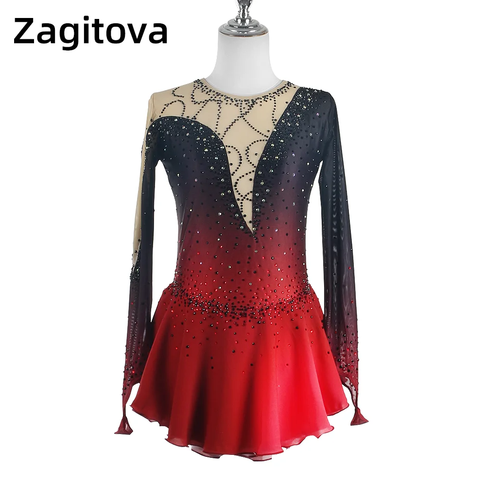

Zagitova Design Figure Skating Dress Women Girls Ice Skating Skirt Performance Competition Black Red gradient Mesh Skirt Costume