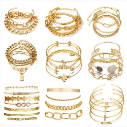 Bohemian Metal Chain Bracelet Set For Women Geometric Gold Color Thick Link Chain Open Bangle Female Fashion Jewelry