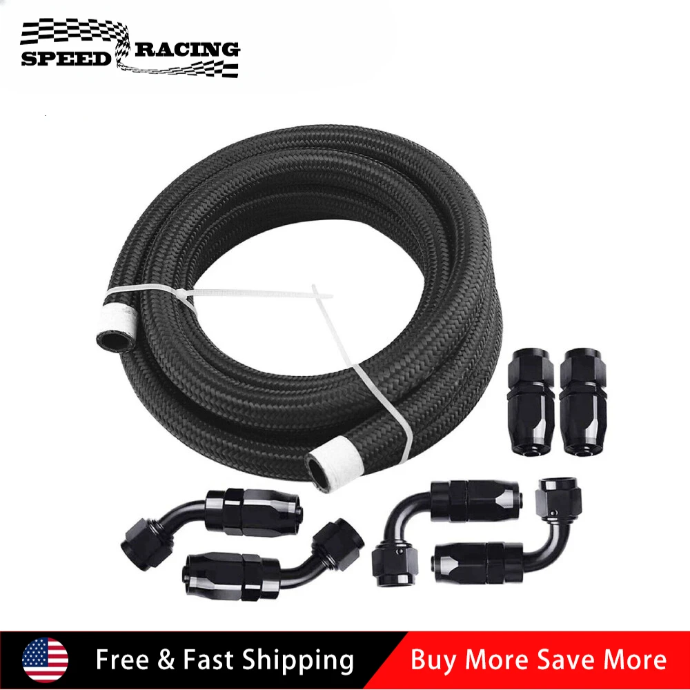 

20FT Nylon Braided Fuel Line 4AN 10AN Oil Gas Fuel Hose End 6pcs Fittings Kit Black