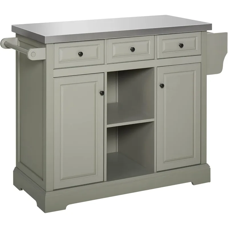 Rolling Kitchen Island with Storage, Kitchen Cart with Stainless Steel Top, Spice Rack & Drawers Space Saving Storage