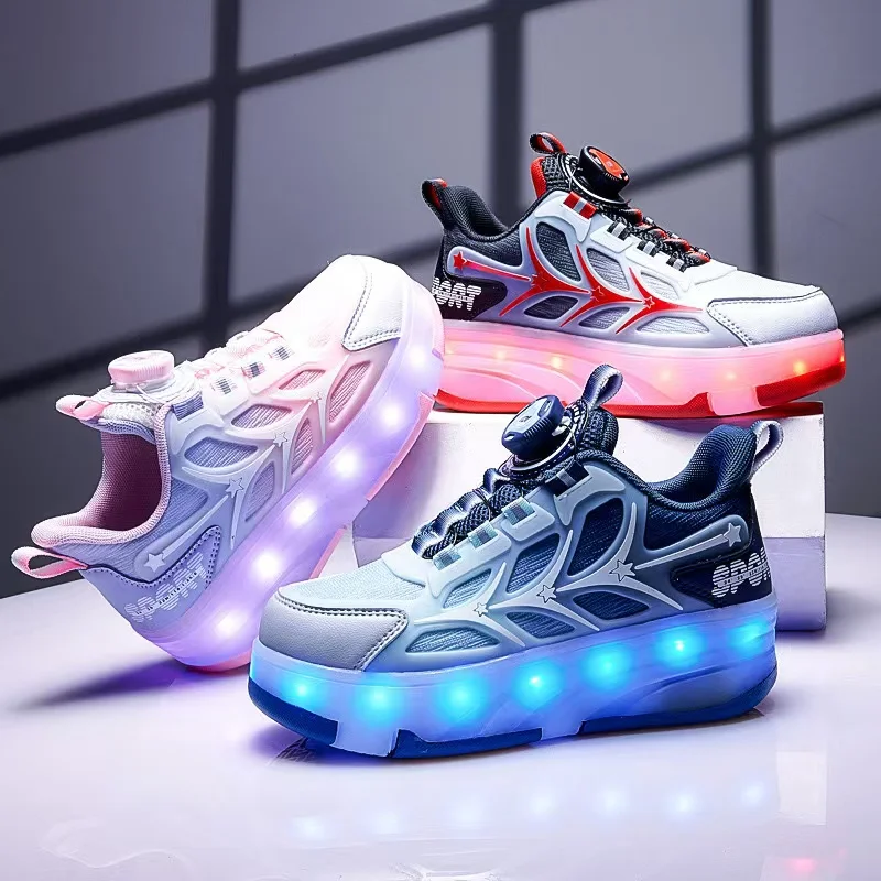 

LED Roller Skates Shoes for Girls, Sneakers with Wheels, USB Charging, Deformation, Dual-Purpose, Casual Boot, 4-Wheel